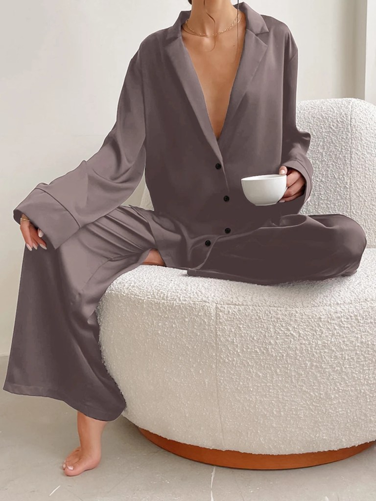 Womens Satin Loose Pajama Loungewear Single Breasted Set