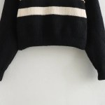 Women’s Buckle Sleeve Black White Strip Gold Button Detail High Neck Knit Jumper