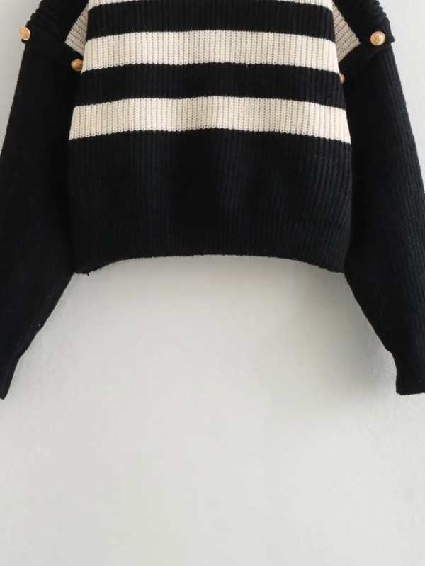 Women’s Buckle Sleeve Black White Strip Gold Button Detail High Neck Knit Jumper