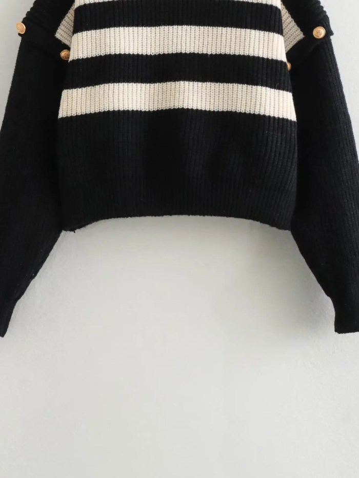 Women’s Buckle Sleeve Black White Strip Gold Button Detail High Neck Knit Jumper