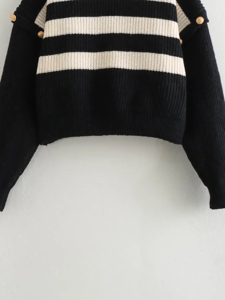 Women’s Buckle Sleeve Black White Strip Gold Button Detail High Neck Knit Jumper