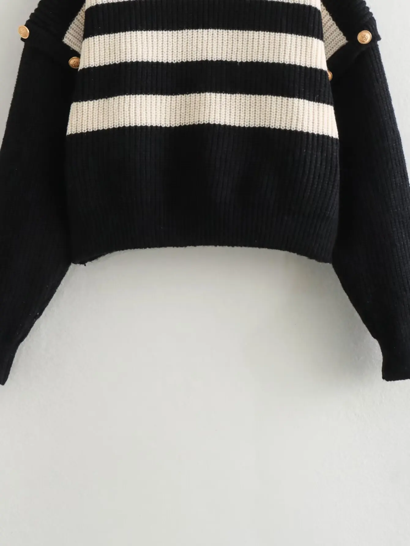 Women’s Buckle Sleeve Black White Strip Gold Button Detail High Neck Knit Jumper