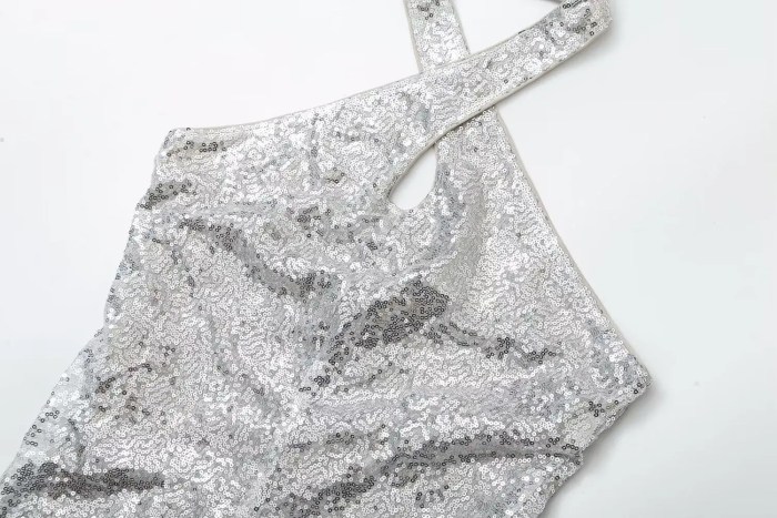 Womens Silver Sequined Sparkle Halter Slim Fit Backless Midi Dress Womens Silver Sequined Sparkle Halter Slim Fit Backless Midi Dress