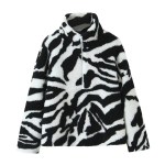 Womens Black and White Faux Wool Vintage Zip Long-Sleeved Jacket High Neck