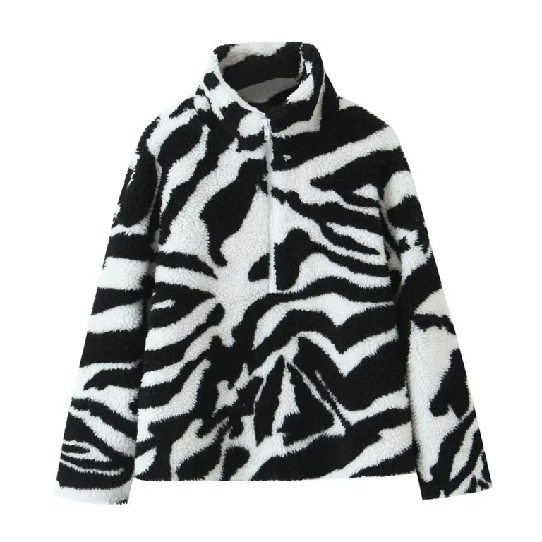 Womens Black and White Faux Wool Vintage Zip Long-Sleeved Jacket High Neck