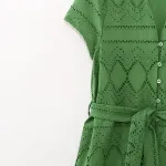 Womens Embroidered Green Shirt Style V Neck Long Button dress