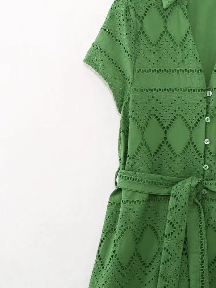 Womens Embroidered Green Shirt Style V Neck Long Button dress Womens Embroidered Green Shirt Style V Neck Long Button dress