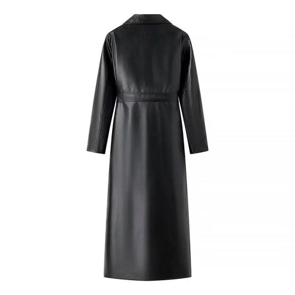 Womens Foe Leather Black Vintage Trench Coat Womens Foe Leather Black Vintage Trench Coat