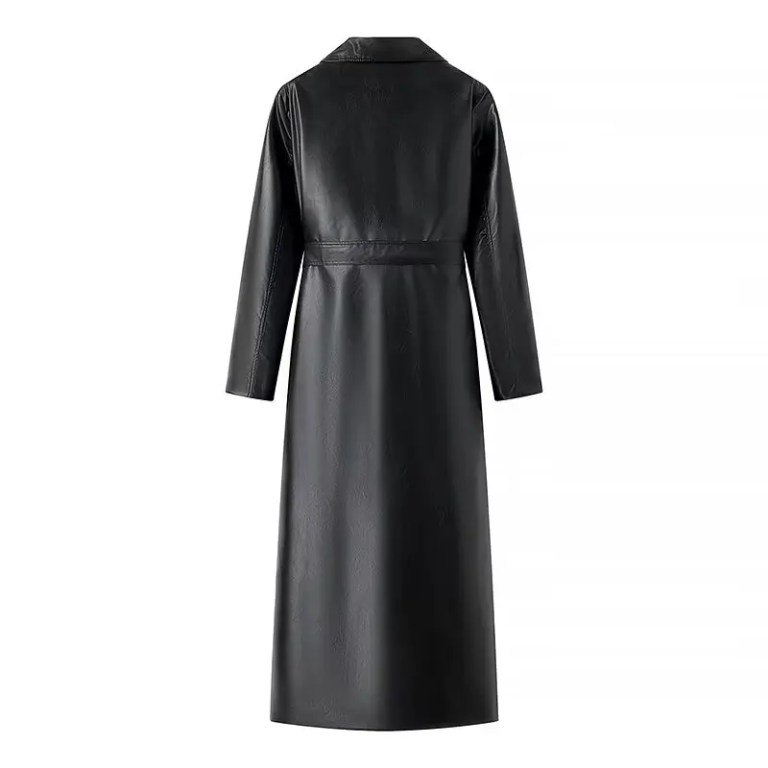 Womens Foe Leather Black Vintage Trench Coat
