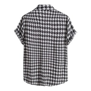 Summer Cotton Blend Men’s Houndstooth Plaid Short Sleeve Shirt – Streetwear Fashion