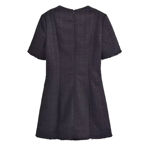 Womens Classic Black or White Short sleeve Tweed Mini Dress with Button Detail