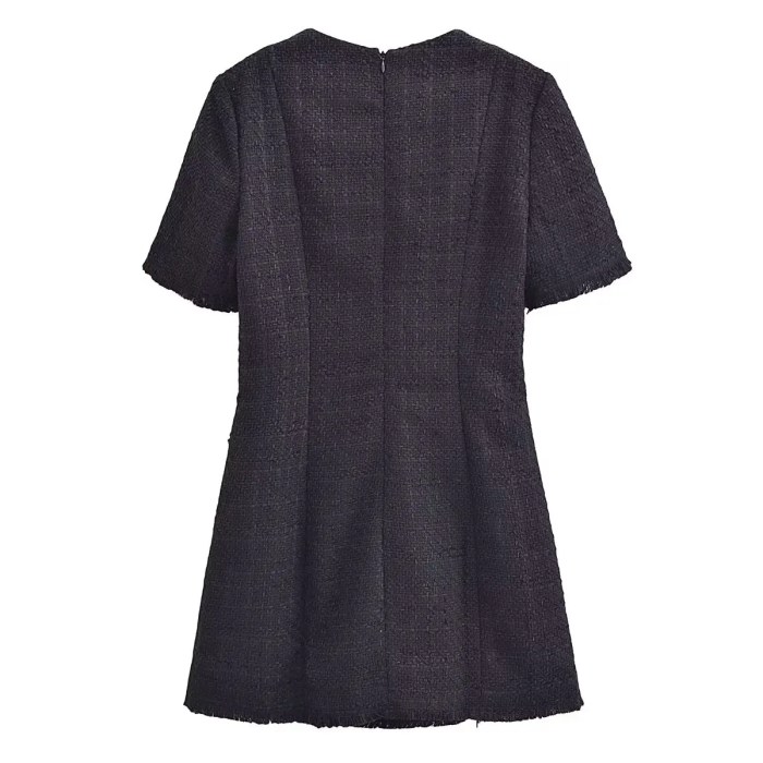 Womens Classic Black or White Short sleeve Tweed Mini Dress with Button Detail