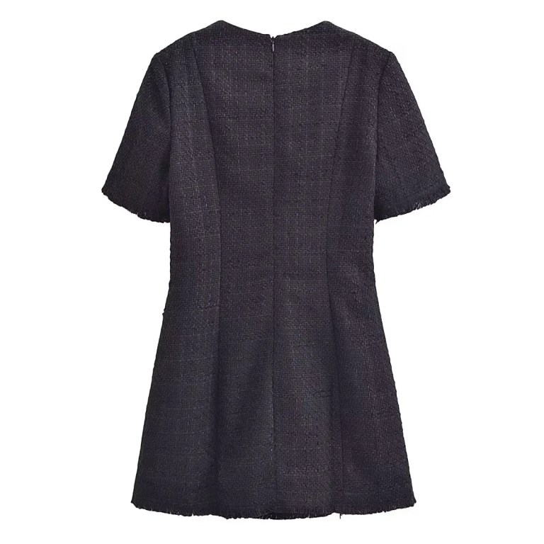 Womens Classic Black or White Short sleeve Tweed Mini Dress with Button Detail
