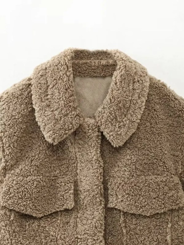 Womens Fleece Short Shirt Pocket Vintage Coat