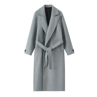 Womens Gray Belt Oversized Lapel Long Sleeve Pocket Coat