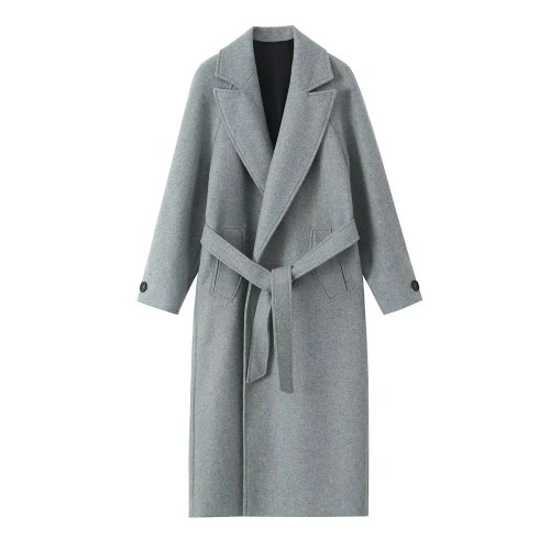 Womens Gray Belt Oversized Lapel Long Sleeve Pocket Coat