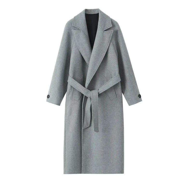 Womens Gray Belt Oversized Lapel Long Sleeve Pocket Coat Womens Gray Belt Oversized Lapel Long Sleeve Pocket Coat