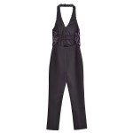 Womens Beaded Halter Sleeveless Black Jumpsuit