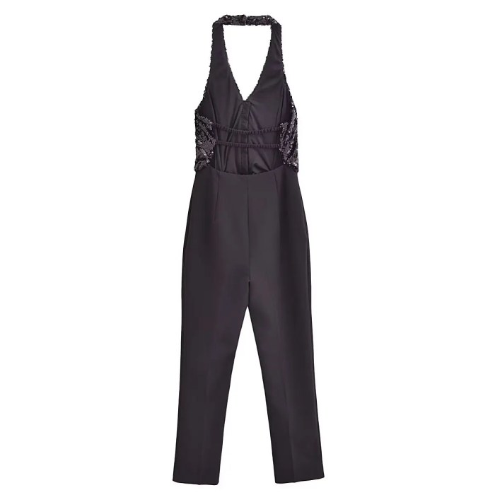 Womens Beaded Halter Sleeveless Black Jumpsuit