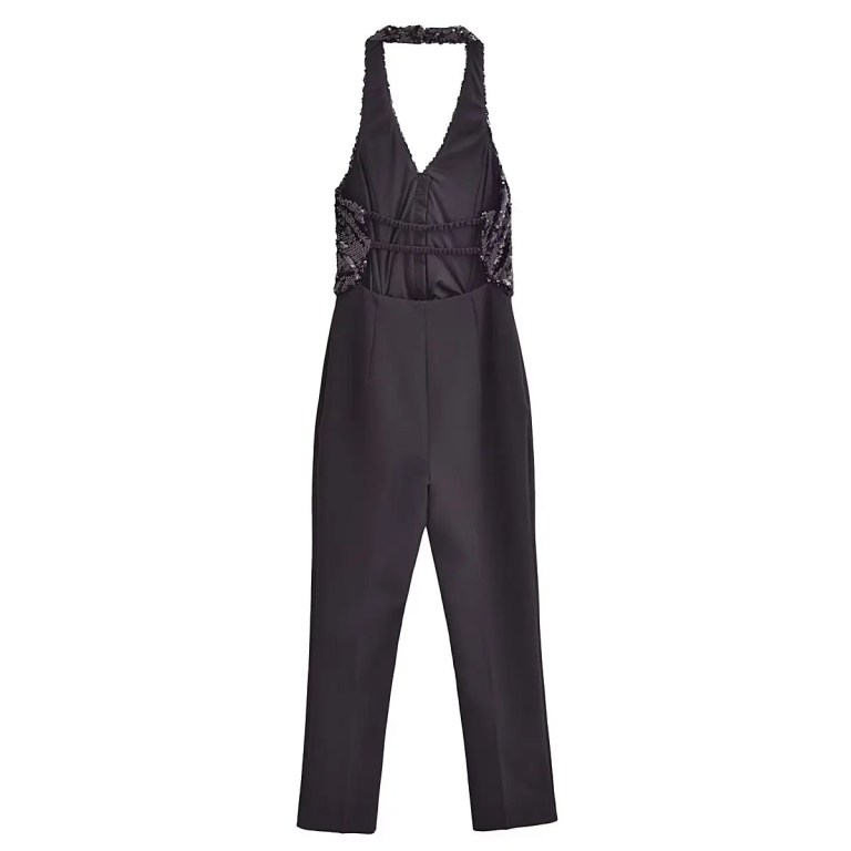 Womens Beaded Halter Sleeveless Black Jumpsuit