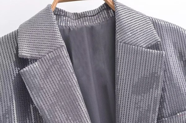 Womens Metallic Silver Straight Cut Sequin Blazer