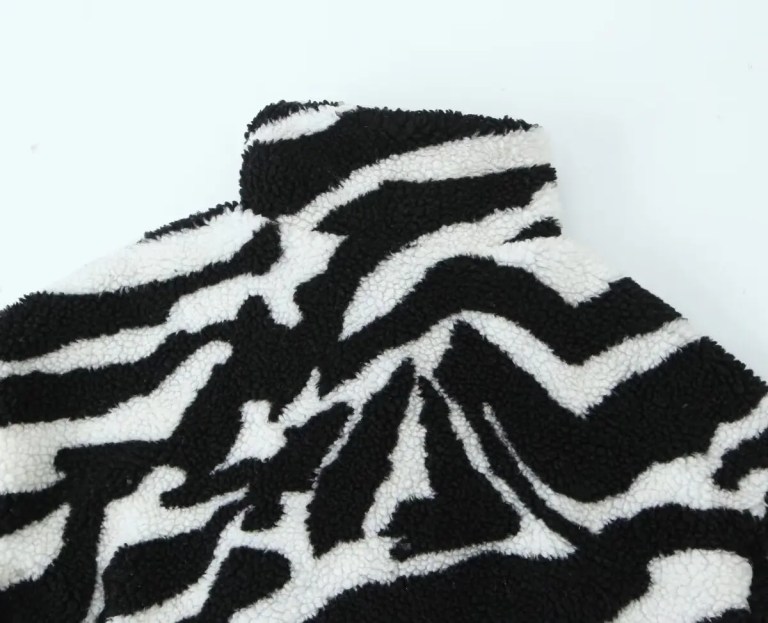 Womens Black and White Faux Wool Vintage Zip Long-Sleeved Jacket High Neck