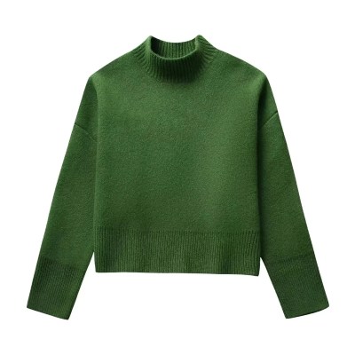 Womens Green Knit Cropped Turtleneck Jumper