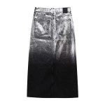 Women Platinum Black Denim Sleeveless Vest Coat + Midi Skirt