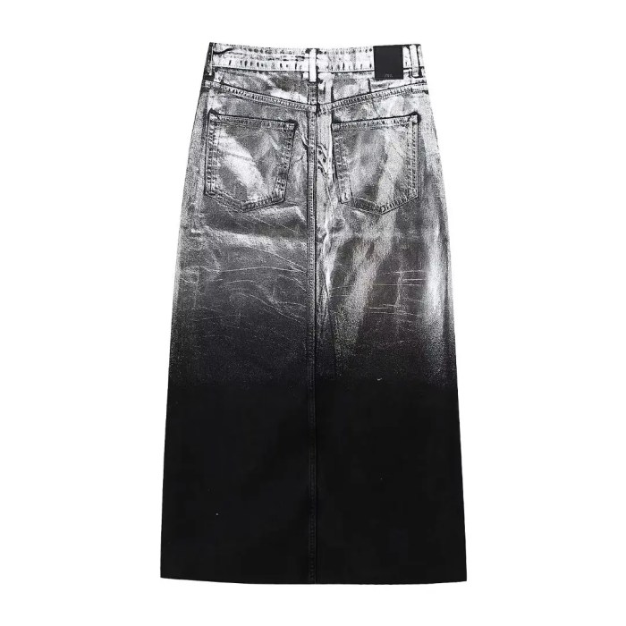 Women Platinum Black Denim Sleeveless Vest Coat + Midi Skirt