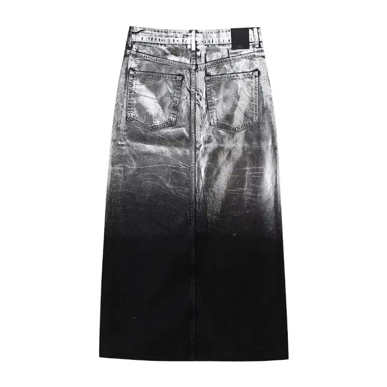Women Platinum Black Denim Sleeveless Vest Coat + Midi Skirt