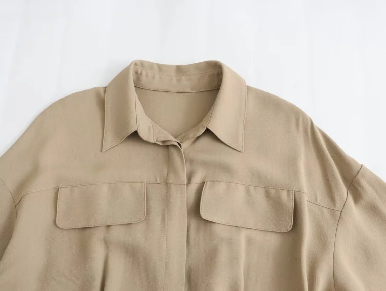 Womens Khaki Military Pleated Shirt Midi Dress With long cuffed sleeve