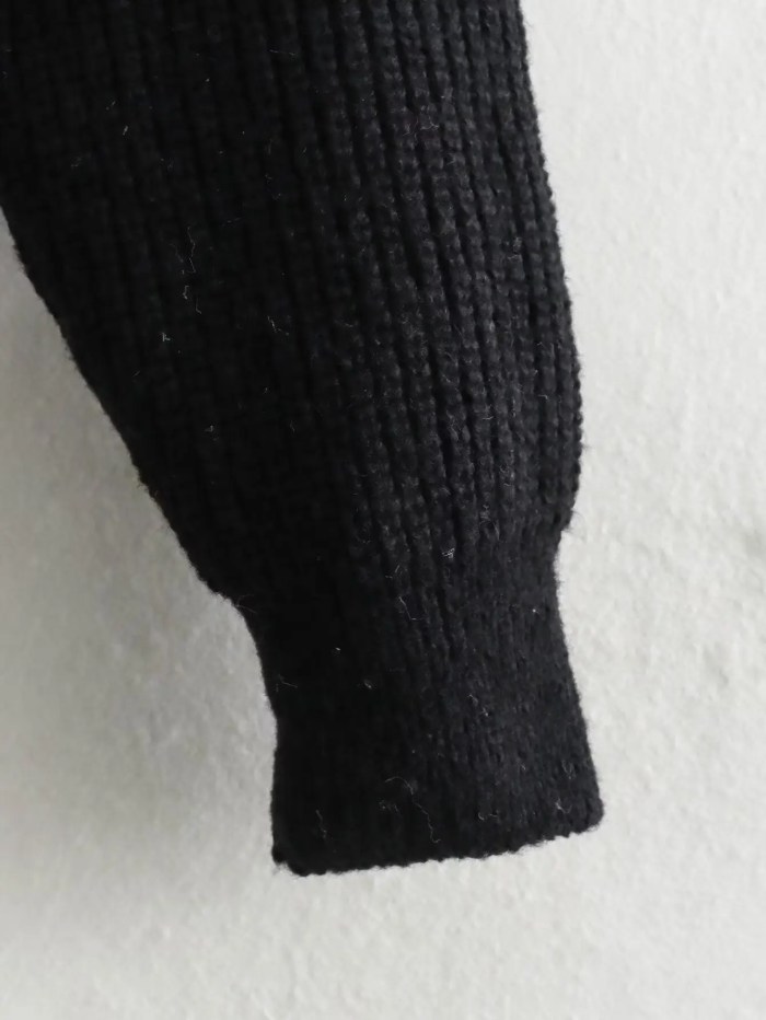 Women’s Buckle Sleeve Black White Strip Gold Button Detail High Neck Knit Jumper