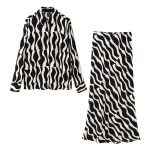 Womens Black & White Swirl Print Shirt + Midi Skirt Set