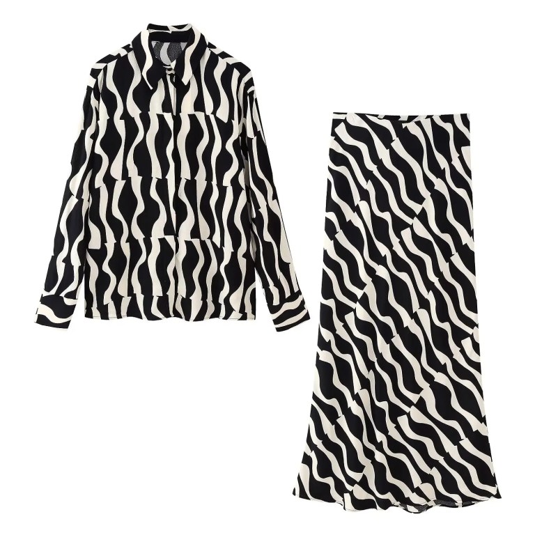 Womens Black & White Swirl Print Shirt + Midi Skirt Set