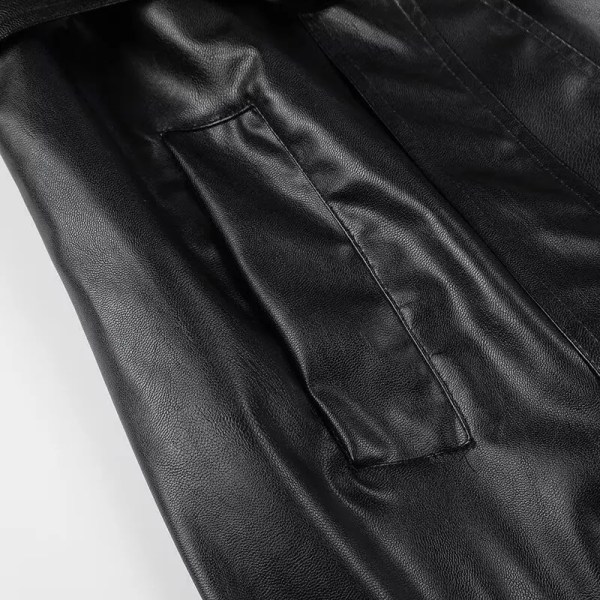 Womens Foe Leather Black Vintage Trench Coat Womens Foe Leather Black Vintage Trench Coat