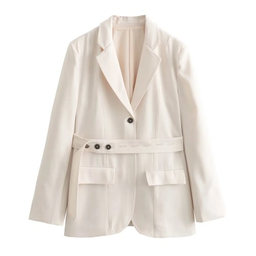 Womens Straight Jacket Belt White Blazer + Slit Mid Waist Straight Pants Set