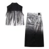 Women Platinum Black Denim Sleeveless Vest Coat + Midi Skirt