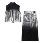 Women Platinum Black Denim Sleeveless Vest Coat + Midi Skirt