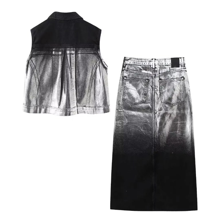 Women Platinum Black Denim Sleeveless Vest Coat + Midi Skirt