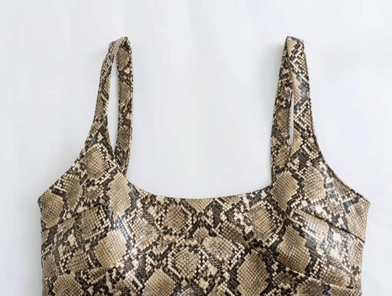 Womens Faux Leather Snakeskin Print Strap Backless Mini Dress