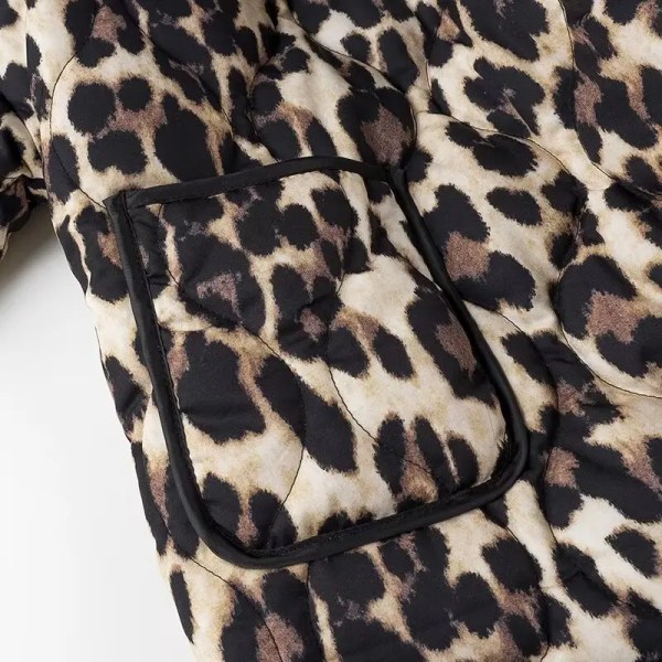 Womens Leopard-print Quilted Jacket Vintage Long-sleeve Pocket