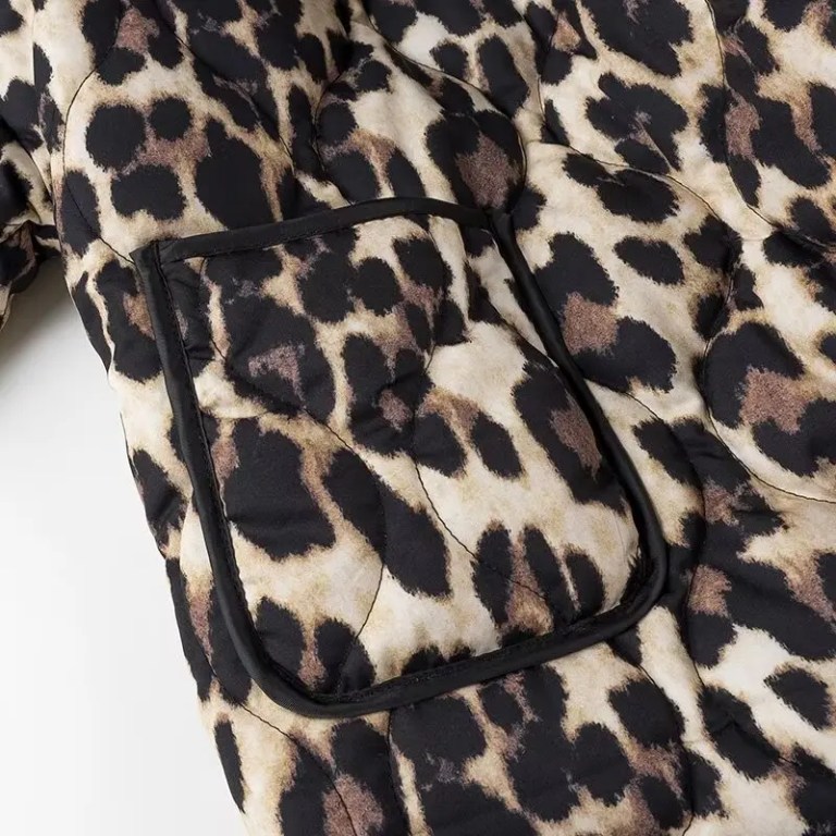 Womens Leopard-print Quilted Jacket Vintage Long-sleeve Pocket