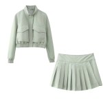 Womens Ice Gray Retro Nylon Zipper Jacket Coat + Pleated Mini Skirt Womens Ice Gray Retro Nylon Zipper Jacket Coat + Pleated Mini Skirt