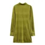 Womens Green Slim Line Ruched Velvet Shirt Button up Mini Dress