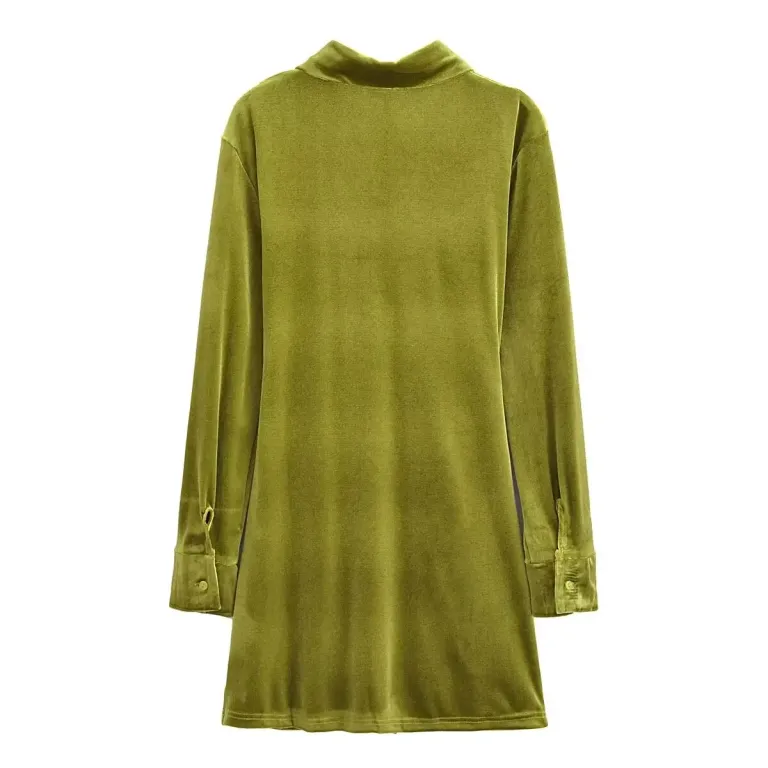 Womens Green Slim Line Ruched Velvet Shirt Button up Mini Dress