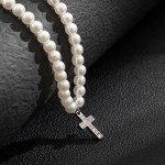Men’s Pearl Beads Chain with Shiny Rhinestone Cross Necklace