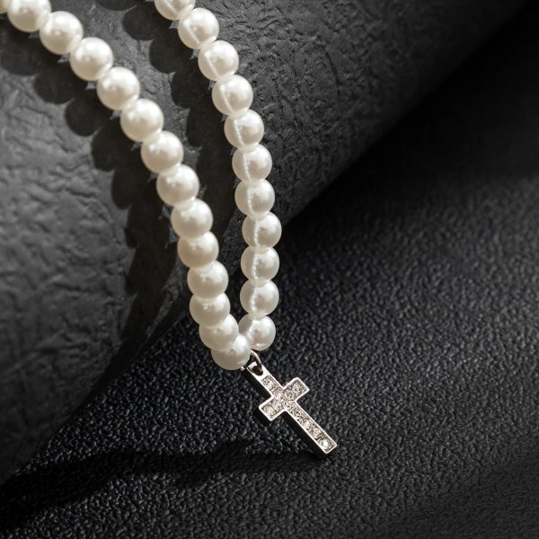 Men’s Pearl Beads Chain with Shiny Rhinestone Cross Necklace Men’s Pearl Beads Chain with Shiny Rhinestone Cross Necklace
