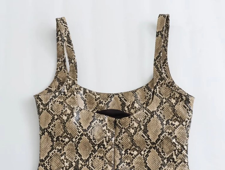 Womens Faux Leather Snakeskin Print Strap Backless Mini Dress