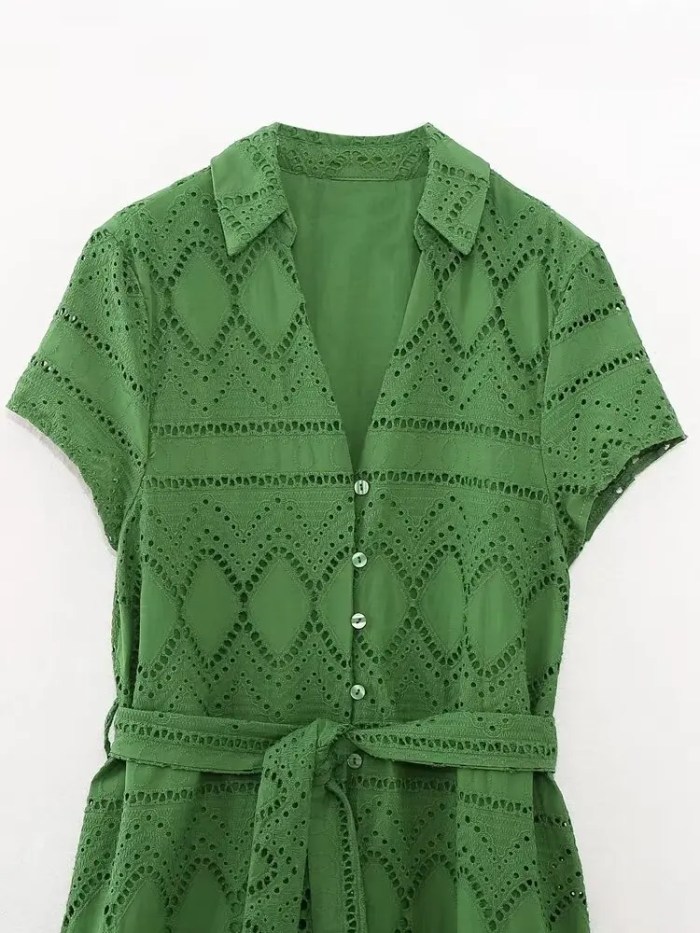 Womens Embroidered Green Shirt Style V Neck Long Button dress Womens Embroidered Green Shirt Style V Neck Long Button dress