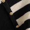 Women’s Buckle Sleeve Black White Strip Gold Button Detail High Neck Knit Jumper